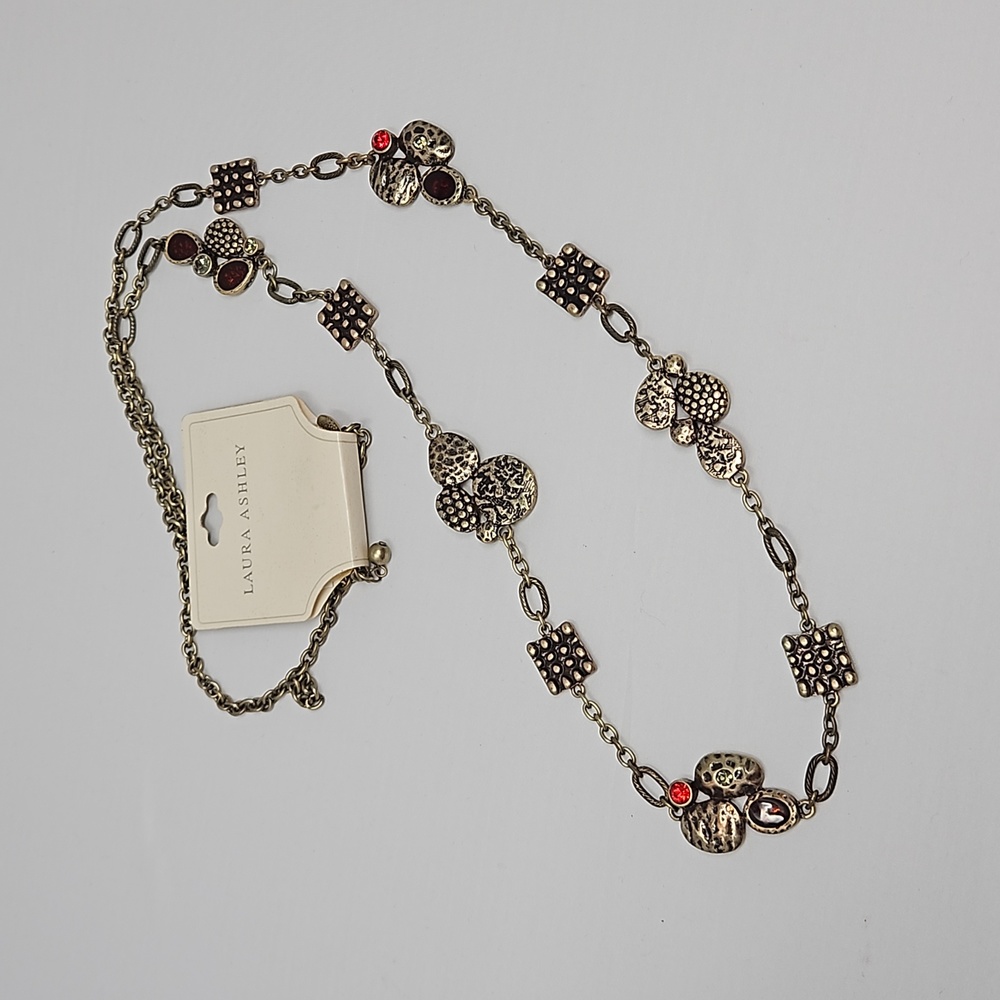 Laura Ashley Necklace NEW Antique Textured Gold Tone and Red Rhinestone Signed